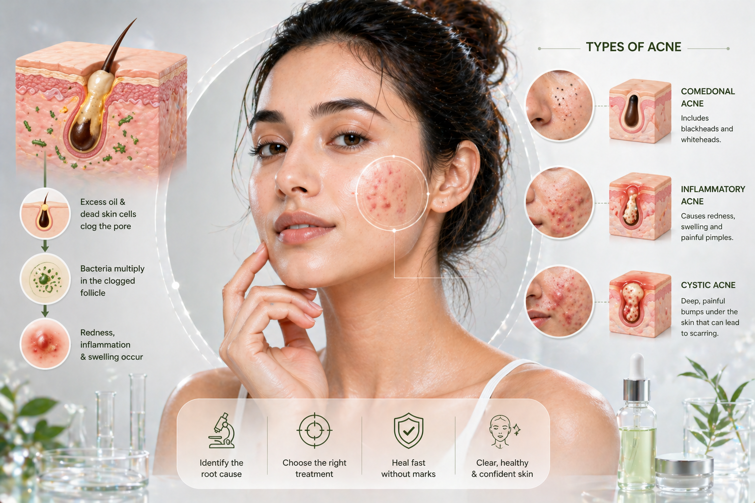 Detailed diagram showing the biological causes of acne — excess sebum, clogged pores, P. acnes bacteria and inflammation — explained by Dr Disha's Hair and Skin Clinic Lucknow