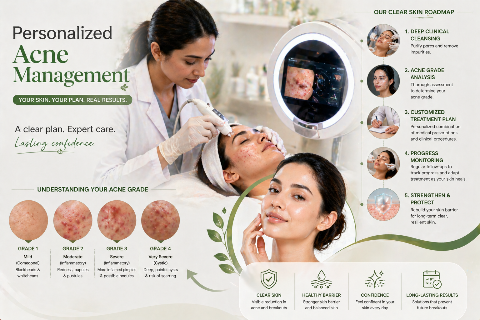 Dr Disha performing detailed acne and acne scar skin analysis at her Lucknow Cantonment clinic using advanced dermoscopy and digital assessment tools for personalised acne treatment protocol