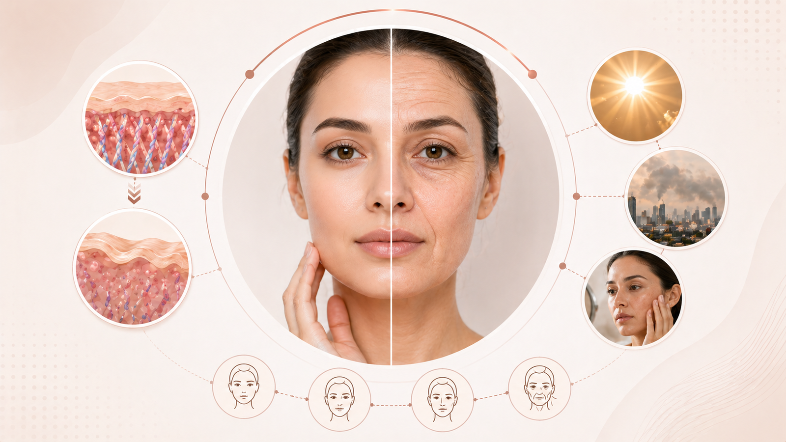 Detailed illustration of skin structure showing collagen and elastin layers - explains how skin ages and why Botox and fillers restore youthful appearance at Dr Disha's clinic Lucknow