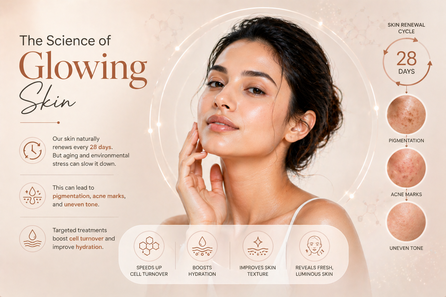 Scientific illustration of skin renewal process showing cell turnover pigmentation and hydration improvement - basis of beauty treatments at Dr Disha's Hair and Skin Clinic Lucknow Cantonment