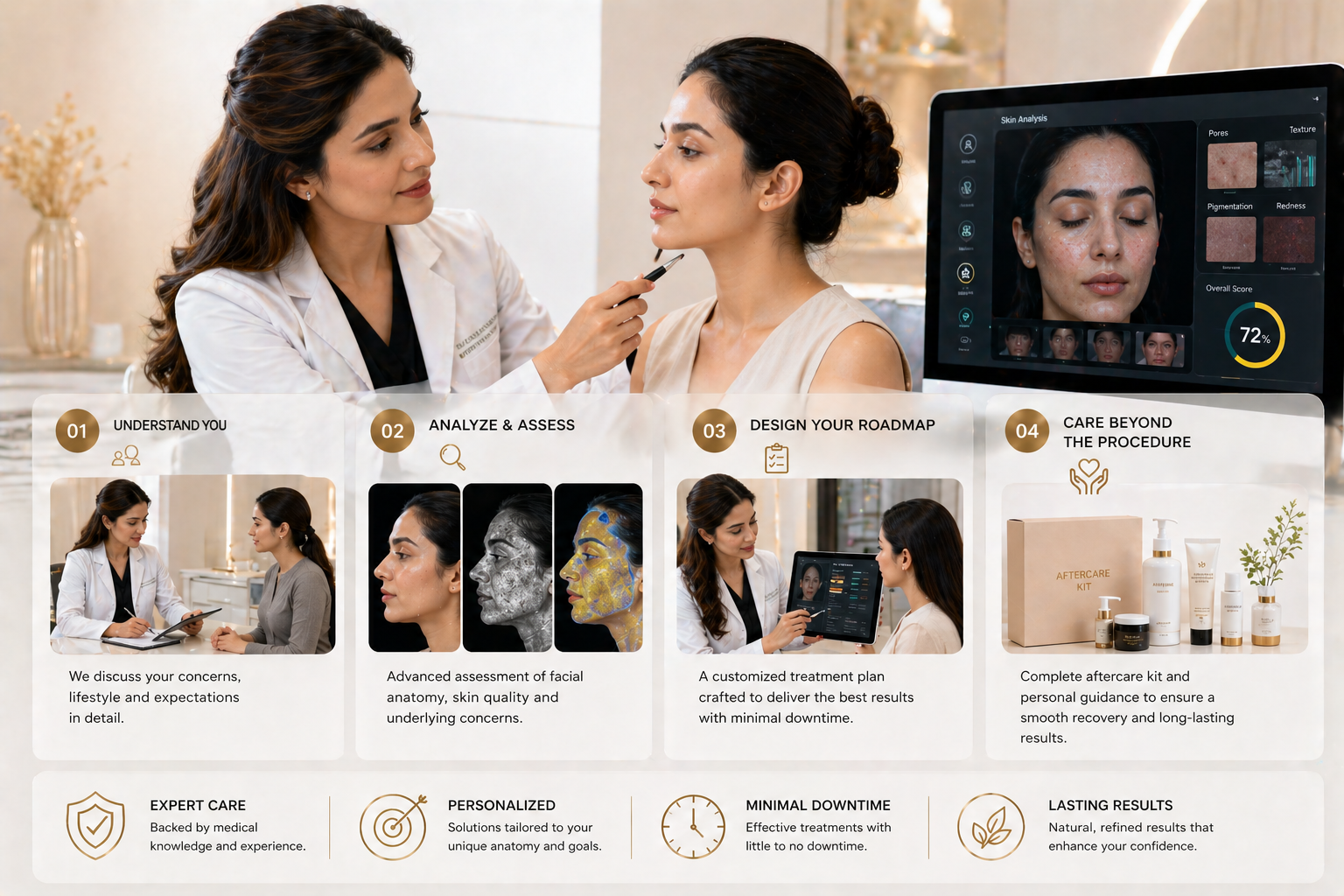 Dr Disha Jaggi Cairae performing advanced cosmetic dermatology skin assessment at her Lucknow Cantonment clinic using specialised diagnostic tools to create a personalised non-surgical skin treatment protocol