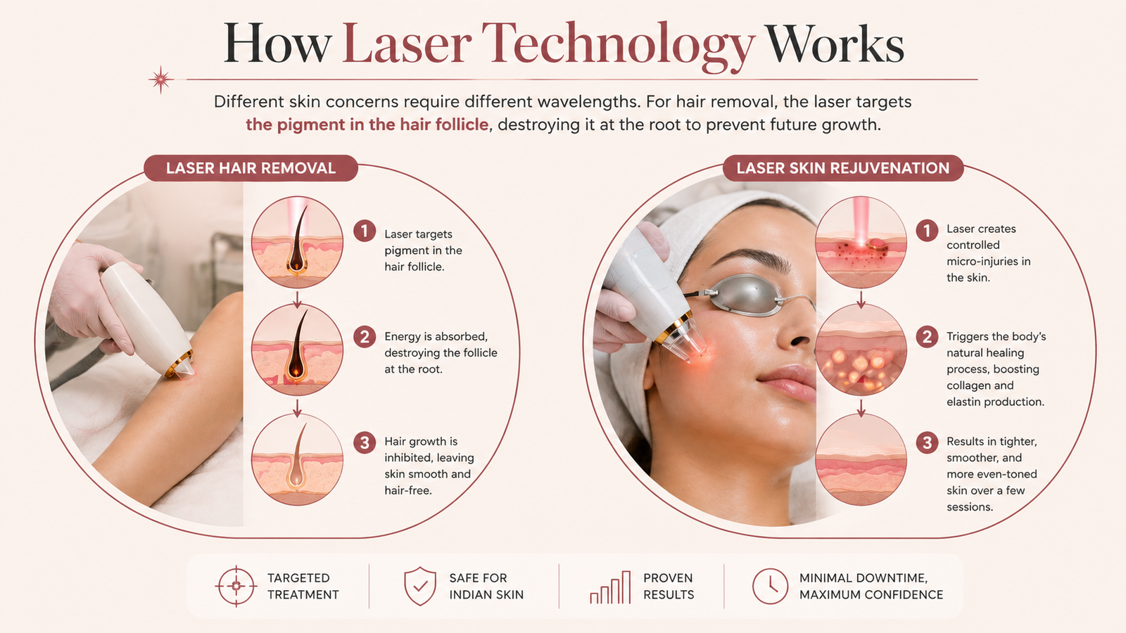 Scientific illustration of how laser light targets hair follicle pigment for permanent hair reduction and stimulates collagen for skin rejuvenation at Dr Disha's Lucknow clinic